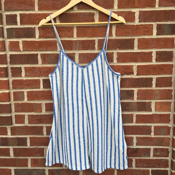 Zara Terry Cloth Romper Womens Large White Blue Yellow Stripe Beach Swim Cover - Picture 1 of 9